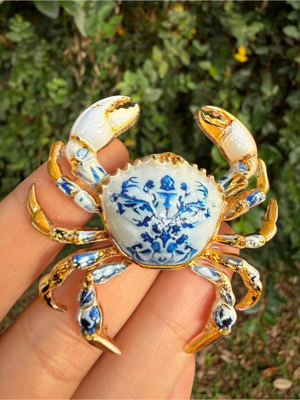 Blue & Gold Porcelain Crab Pin Brooch